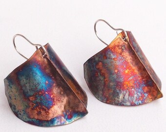 Copper Earrings Fold-Formed Uni Fold With Flame Patina