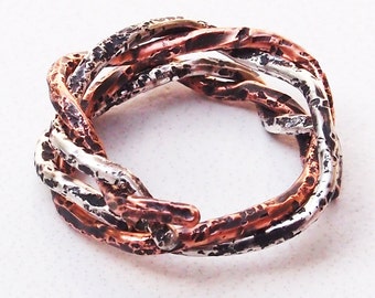 Sterling Silver and Copper Entwined Spiral Unisex Boho Rings "B" Heavily Textured Size 6