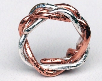 Sterling Silver and Copper Entwined Spiral Unisex Boho Rings Heavily Textured Size 6