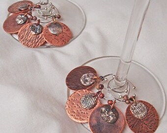 Wine Charms Copper and Fine Silver Double Disc Set of Eight Handmade