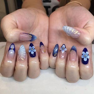 Handmade Blue 3D Flower Press On Nails – Elegant Gradient False Nails with Gold Beads for Special Occasions, Summer Nails, Beach Nails