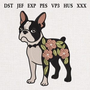 Floral Boston Terrier Embroidery Design, Floral Dog Stitch File, Cute Boston Terrier Dog, Embroidery File Vintage Dog Embroidery Pattern