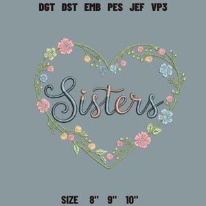 Sisters Embroidery File Side By Side Or Miles Apart Sisters Connected By Heart Design Best Friends BFF Stitch Pattern Friendship