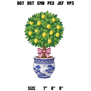 Lemon Tree Embroidery File Topiary Plant in Blue Pot with Bow Citrus Garden Stitch Pattern for Kitchen Towel Pillow Spring Decor