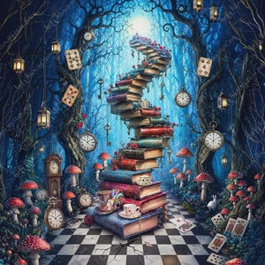 Alice in Wonderland pile of books with checkerbord floors