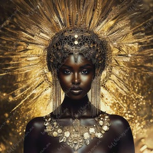 Luxury Twentieth Glam and storybook style fine art portrait of a regal golden queen for statement furniture upcycling.