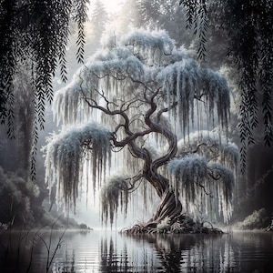 Può includere: Un paesaggio in scala di grigi con un salice piangente con rami ghiacciati e a cascata. L'albero si erge in un lago calmo, circondato da una foresta nebbiosa. L'immagine evoca un senso di pace e tranquillità.