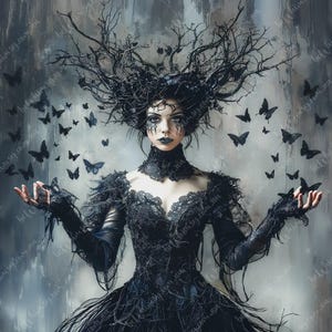 A high-contrast Gothic digital painting of a pale tree goddess named Alraune wearing an elaborate black lace gown and a massive crown of tangled black branches.