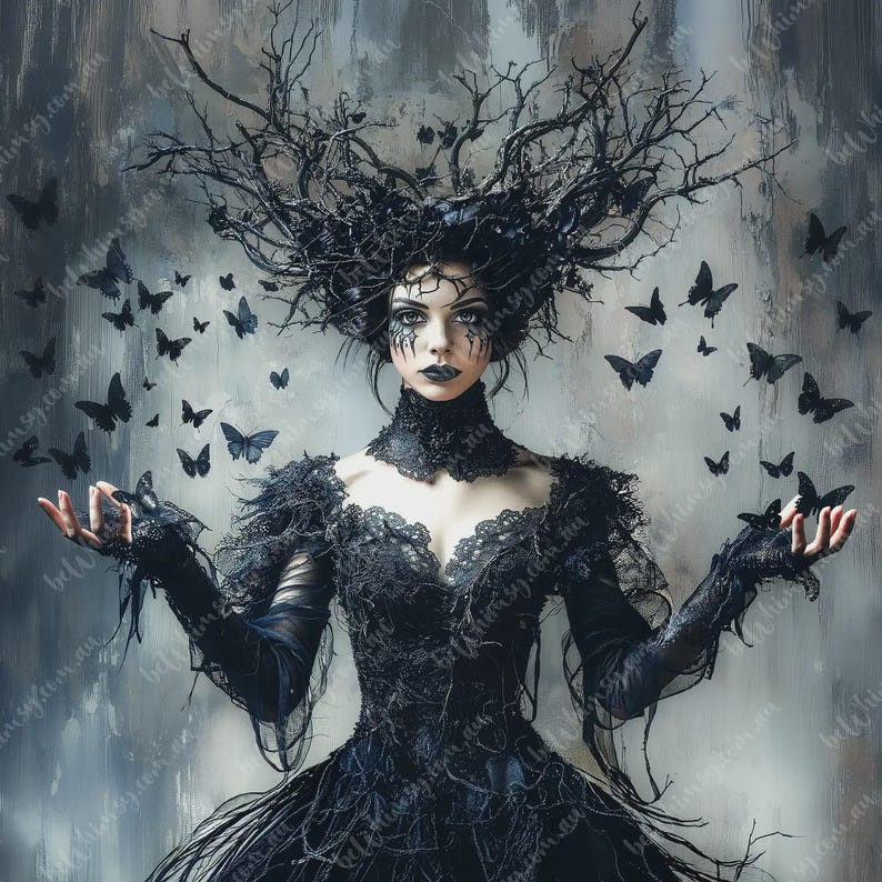 A high-contrast Gothic digital painting of a pale tree goddess named Alraune wearing an elaborate black lace gown and a massive crown of tangled black branches.