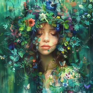 Ethereal forest portrait with butterflies, wildflowers and painterly foliage textures