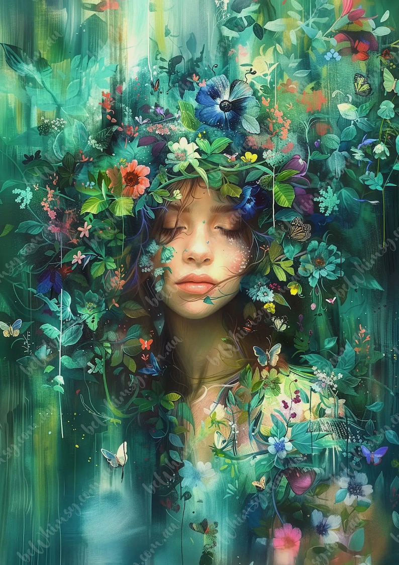 Ethereal forest portrait with butterflies, wildflowers and painterly foliage textures