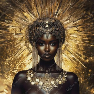 A high-contrast digital art portrait of a black woman with deep dark skin wearing a massive gold feathered crown and a hammered gold coin necklace.