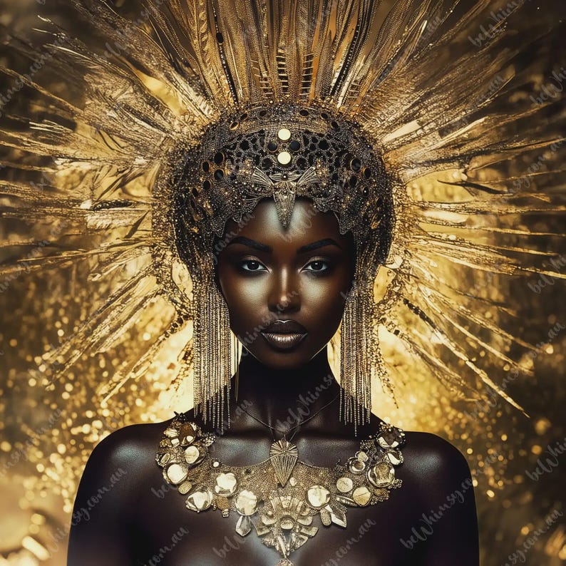 A high-contrast digital art portrait of a black woman with deep dark skin wearing a massive gold feathered crown and a hammered gold coin necklace.