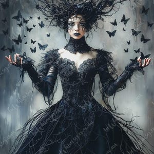 Striking monochrome artwork featuring sharp black lipstick, smoky eye makeup, and black butterflies fluttering against a distressed ash gray and bone white background.