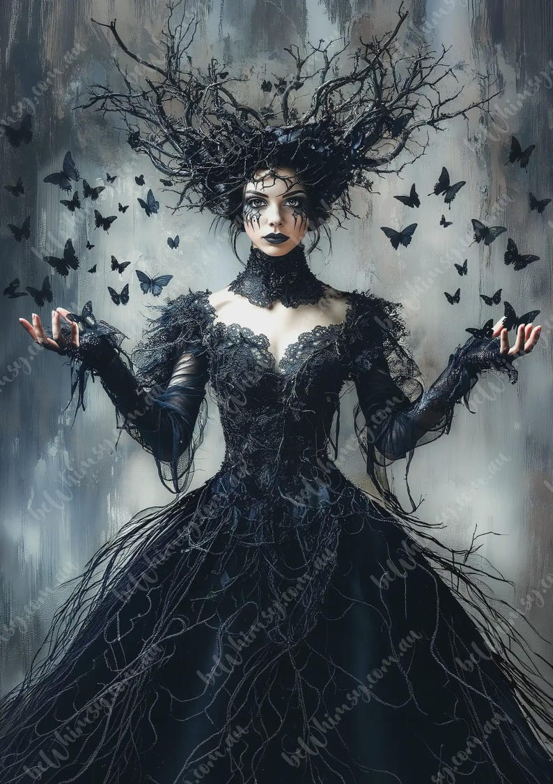 Striking monochrome artwork featuring sharp black lipstick, smoky eye makeup, and black butterflies fluttering against a distressed ash gray and bone white background.