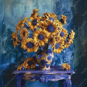 May include: A bouquet of yellow sunflowers with dark blue centers arranged in a blue and white floral patterned ceramic vase. The vase sits on a distressed blue wooden table against a textured blue background with a repeating watermark.