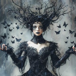 Storybook Gothic winter witch artwork portraying an ethereal forest monarch controlling a swarm of shadow-winged butterflies in a Whimsical Noir style.