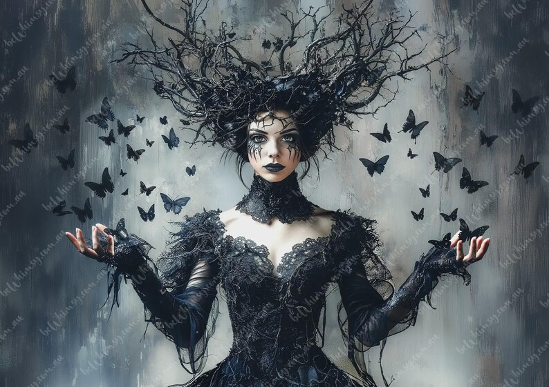 Storybook Gothic winter witch artwork portraying an ethereal forest monarch controlling a swarm of shadow-winged butterflies in a Whimsical Noir style.