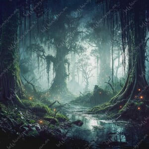 Whimsical Noir style enchanted forest illustration for luxury furniture upcycling and interior decor projects.