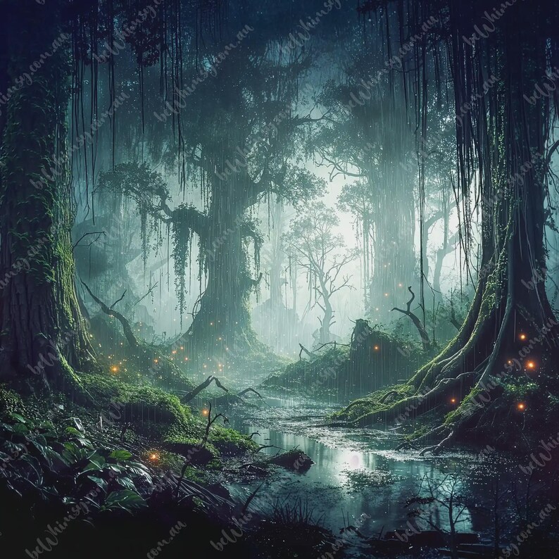 Whimsical Noir style enchanted forest illustration for luxury furniture upcycling and interior decor projects.