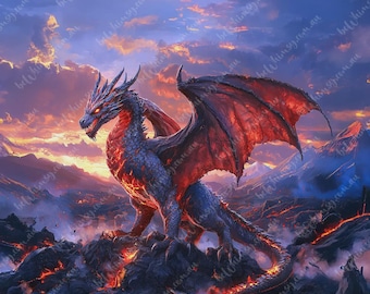 Thylon | Feuerdrache in der Abenddämmerung | Möbel Transfer | Extra Großes Decoupage Reispapier A0 A1 A2 A3 | Gespiegelte Option