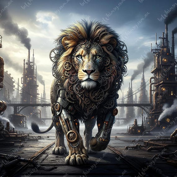 The Forged King | Industrial Steampunk Lion | Furniture Transfer | Extra Large Decoupage Rice Paper A0 A1 A2 A3 | Mirrored Option
