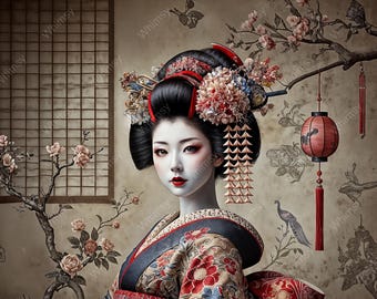 Yuki | Geisha Floral Kimono | Furniture Transfer | Extra Large Decoupage Rice Paper A0 A1 A2 A3 | Mirrored Option