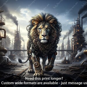 Dynamic A0, A1, A2, A3 Decoupage Print: Steampunk Lion (The Iron Stride) in a powerful stride through an industrial factory landscape with chimneys and heavy machinery. Perfect for furniture transfer and large craft projects.