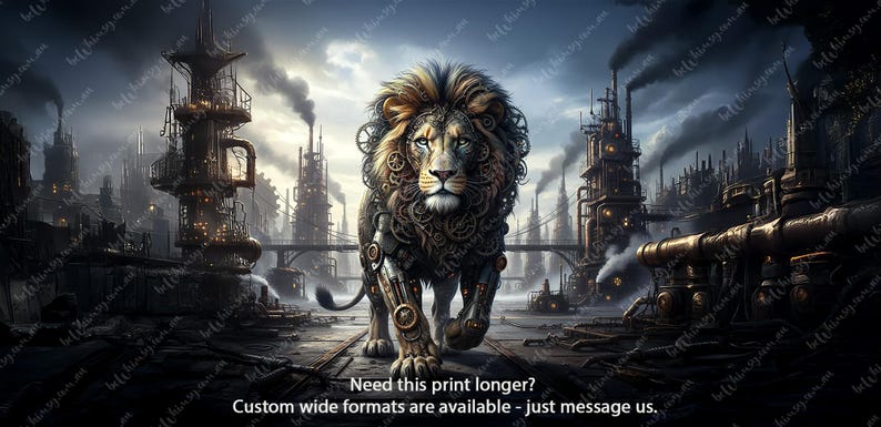 Dynamic A0, A1, A2, A3 Decoupage Print: Steampunk Lion (The Iron Stride) in a powerful stride through an industrial factory landscape with chimneys and heavy machinery. Perfect for furniture transfer and large craft projects.