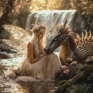 Könnte beinhalten: Eine Fantasy-Szene mit einer Fee mit leuchtenden Flügeln und einem Blumenkranz, die neben einem detaillierten Drachen sitzt. Die Fee trägt ein fließendes Kleid, und der Drache hat strukturierte Schuppen. Die Szene beinhaltet einen Wasserfall und weiches Licht.