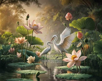 Lotus Serenade | Kranich und Teich | Möbel Transfer | Extra Großes Decoupage Reispapier A0 A1 A2 A3 | Gespiegelte Option