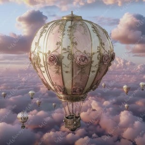 Könnte beinhalten: Ein großer, verzierter Heißluftballon, hauptsächlich in Rosa und Creme gehalten, mit goldenen Verzierungen und Rosen, schwebt über den Wolken. Kleinere Ballons sind in der Ferne vor einem bewölkten Himmel zu sehen.