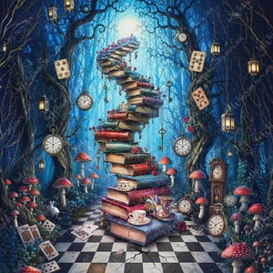 Extra large A1 furniture transfer showing a surreal clockwork forest with hanging pocket watches and keys.