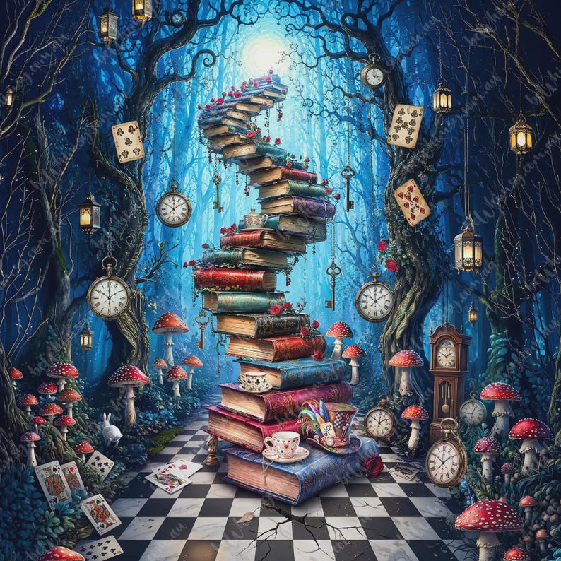 Extra large A1 furniture transfer showing a surreal clockwork forest with hanging pocket watches and keys.