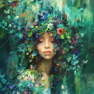 Botanical surreal portrait with floral crown, butterflies and layered emerald greenery.