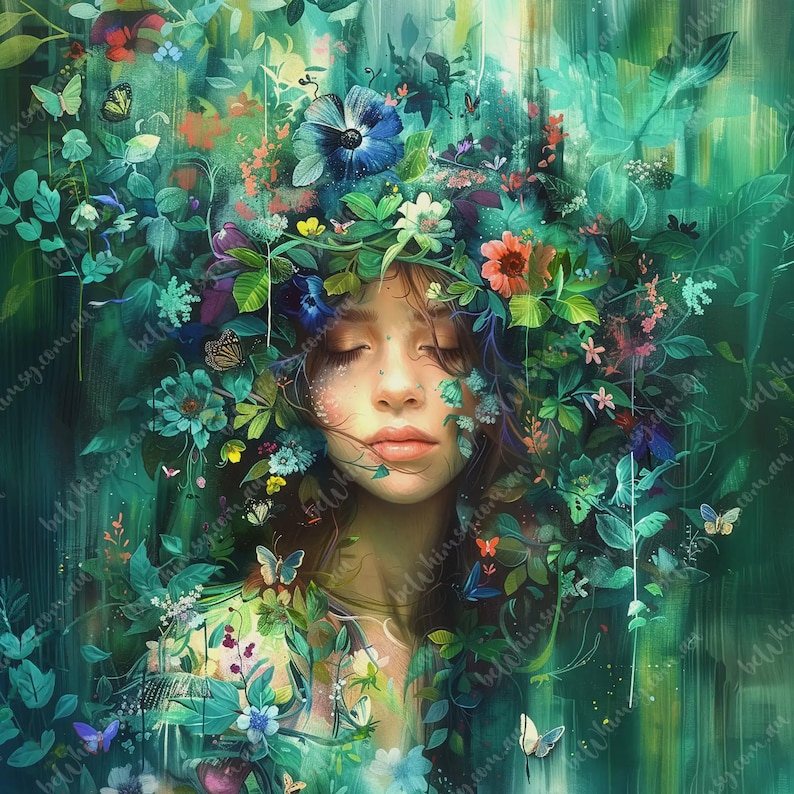 Botanical surreal portrait with floral crown, butterflies and layered emerald greenery.