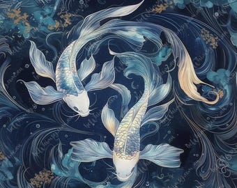 Mitternachts Koi I | Zwillings-Koi-Fisch | Möbel Transfer | Extra Großes Decoupage Reispapier A0 A1 A2 A3 | Gespiegelte Option