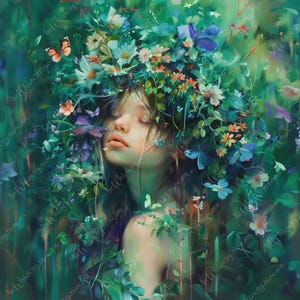 Ethereal green goddess portrait with floral wreath and painterly foliage