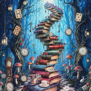 spiral staircase made of books in wonderland on a checkerboard