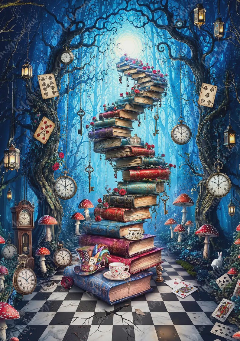 spiral staircase made of books in wonderland on a checkerboard