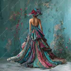 Könnte beinhalten: Ein trägerloses, mehrfarbiges Kleid mit langer Schleppe. Das Kleid hat Stofflagen in Blau-, Rosa- und Lilatönen. Ein passender breitkrempiger Hut mit Blumenbesatz vervollständigt das Ensemble. Der Hintergrund ist eine türkisfarbene Wand mit floralen Akzenten.