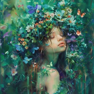 Surreal nature-inspired female portrait with wildflowers and butterflies