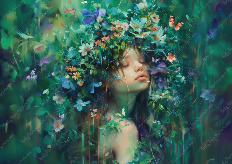 Surreal nature-inspired female portrait with wildflowers and butterflies