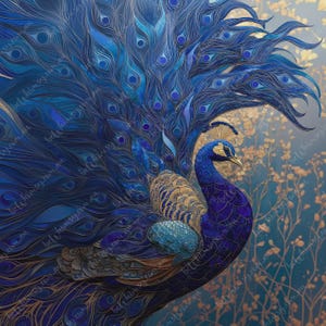 May include: A digital illustration of a peacock with vibrant blue and gold plumage. The peacock's feathers are spread, showcasing intricate patterns and details. The background features a soft, blurred design with hints of gold.