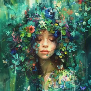 Dreamy nature portrait of woman emerging from leaves and flowers in deep green tones,: