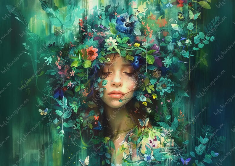 Dreamy nature portrait of woman emerging from leaves and flowers in deep green tones,: