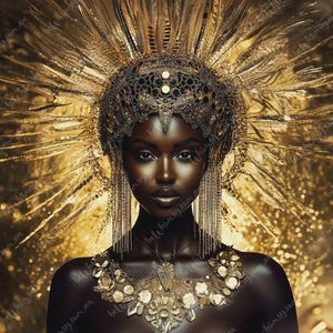 Opulent metallic gold artwork featuring a striking imperial muse against a shimmering gold bokeh and abstract textured background.