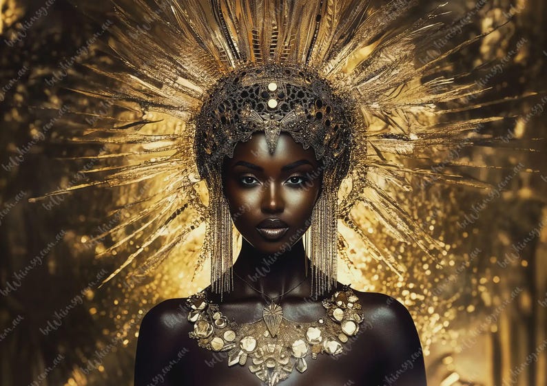 Opulent metallic gold artwork featuring a striking imperial muse against a shimmering gold bokeh and abstract textured background.