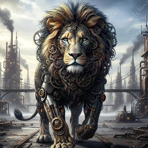 High-Quality Decoupage Rice Paper Kompass Paper print featuring The Iron Stride, a full-body Steampunk Lion in motion, adorned with intricate clockwork mechanisms. Set against a gritty industrial backdrop. Available in mirrored option and sizes A0, A1, A2, A3.