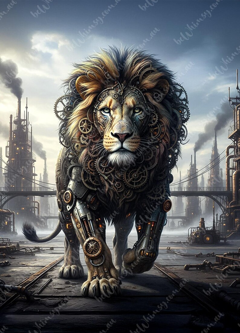 High-Quality Decoupage Rice Paper Kompass Paper print featuring The Iron Stride, a full-body Steampunk Lion in motion, adorned with intricate clockwork mechanisms. Set against a gritty industrial backdrop. Available in mirrored option and sizes A0, A1, A2, A3.